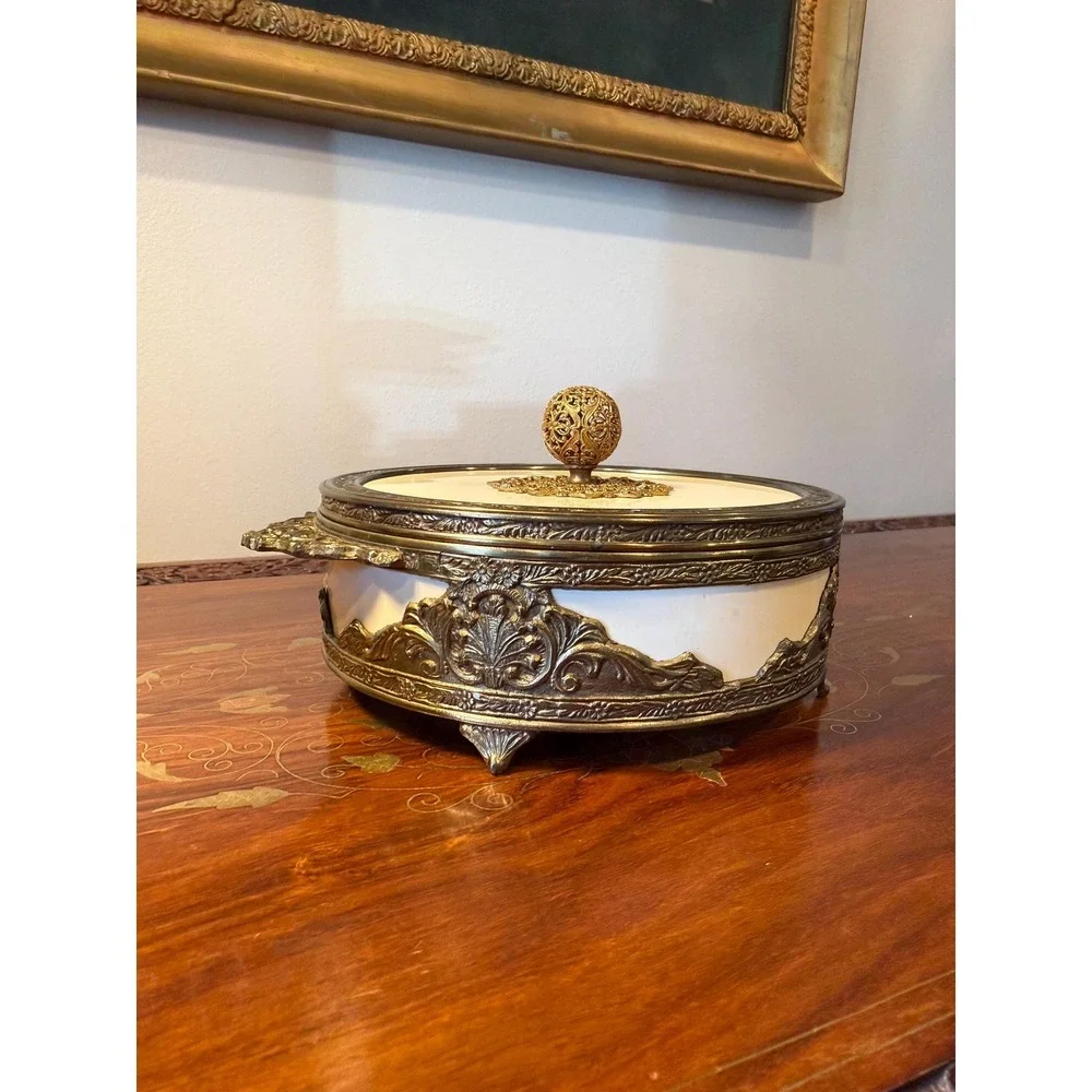 Vintage‎ Brass Vanity Dish with Lid, Hollywood Regency Trinket Box